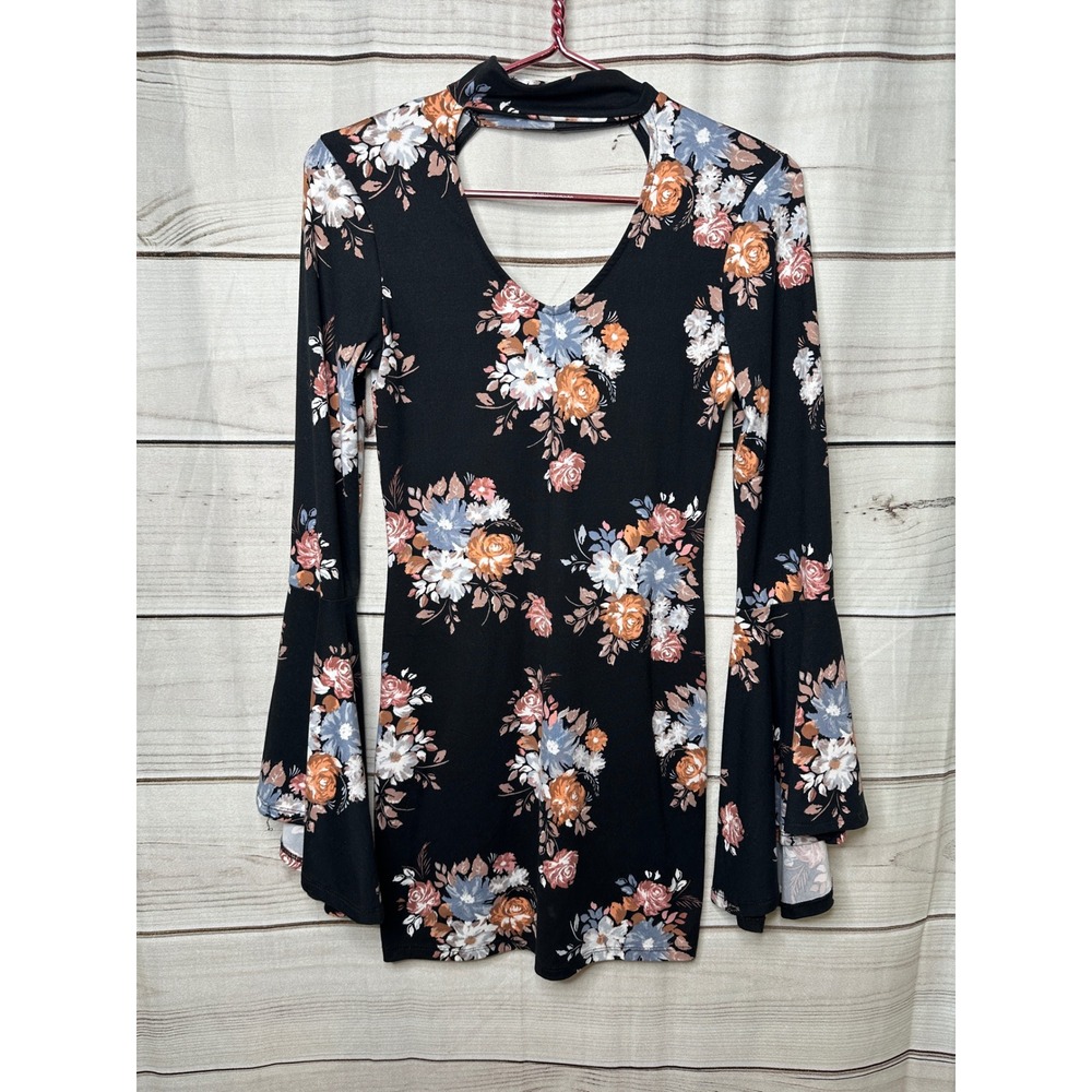 Polly & Esther Mini Dress Womens S Black Floral Bell Sleeve Mock Neck PD17061